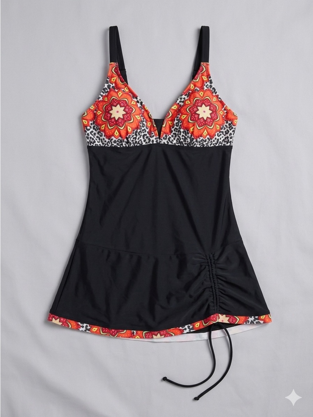 Swimdress One Piece Swimsuit Leopard Floral Black NWOT Size